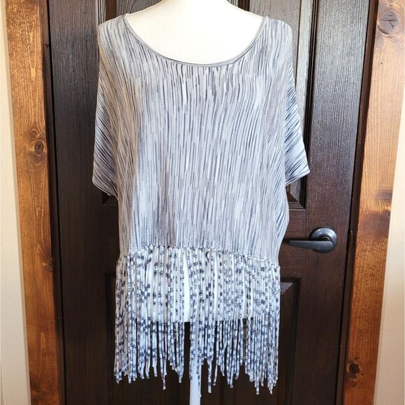 Minnie Rose Sz XS/S Gray Fringe Oversized Scoop Neck Viscose Boho Western Poncho - Picture 1 of 7